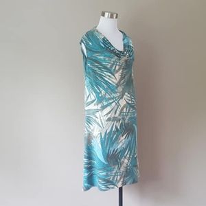 Chico's Teal and White Palm-Print Sleeveless Cowl-Neck Dress